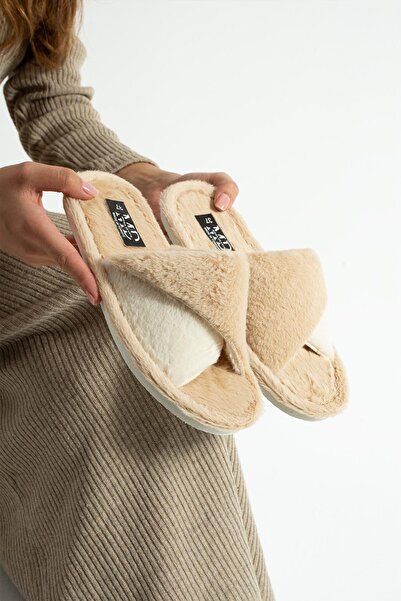 Moda Devrin نعال شتوية بيج مخيطة بنعل من القطيفة، نعال منزلية هادئة (النعل سميك)