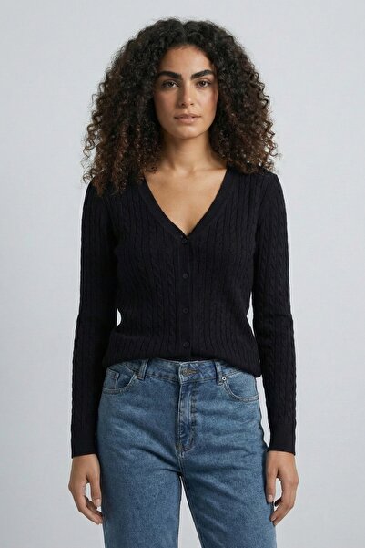 hateko Kadın Saf %100 Pamuk Siyah Saç Örgü Triko Hırka – Örgü Desenli