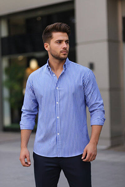 Bürke Long Sleeve Blue Color White Striped Half Oversize Men's Shirt