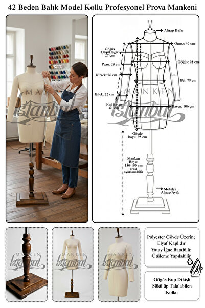 Manken İstanbul 42 Beden Tam Profesyonel Kollu Fransız Göğüs Kuplu Prova Mank...
