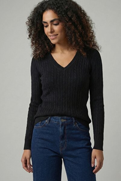 hateko Women's Pure 100% Cotton Black V-Neck Hair Knit Sweater – Knitted Pattern