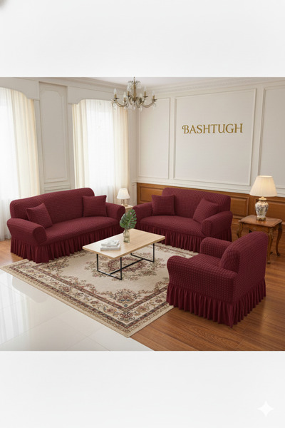 BASHTUGH TİCARET Husă pentru canapea din bumbac Bashtugh Bürümcük Husă pentru canapea cu fustă elastică 3+2+1+1 Set