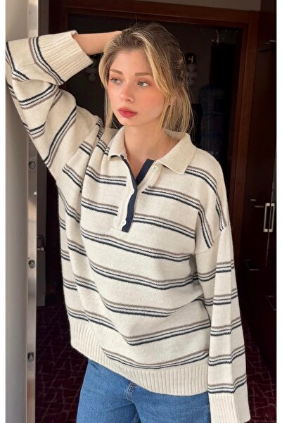 Butik Una Fiaba-Ekru Oversized Striped Buttoned Polo Neck Knitwear Sweater