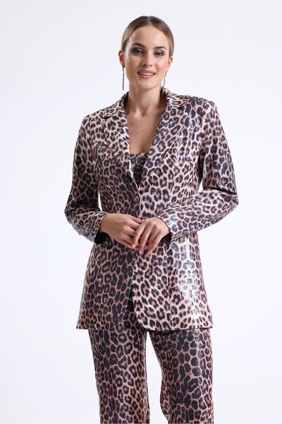 Sense Leopard Patterned Sequined Evening Dress Jacket - Pearl Lined Ckt34264