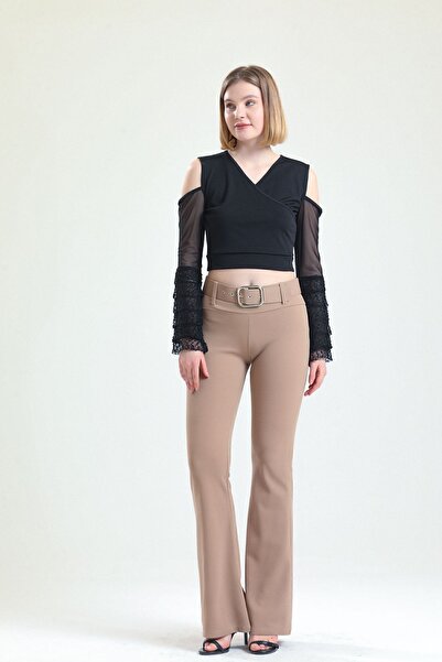 Sense Knitted Fabric Flare Leg Belted Trousers - Mink Pnt32439