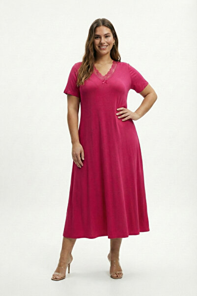 Mivoon Bamboo Fabric Lace Collar Detail Flared Dress 7XL