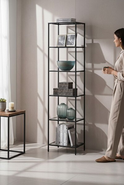 TOLIAHOME Modern 6 Katlı Siyah Renk Metal İskeletli Cam Raflı Kitaplık Aksesuar Rafı