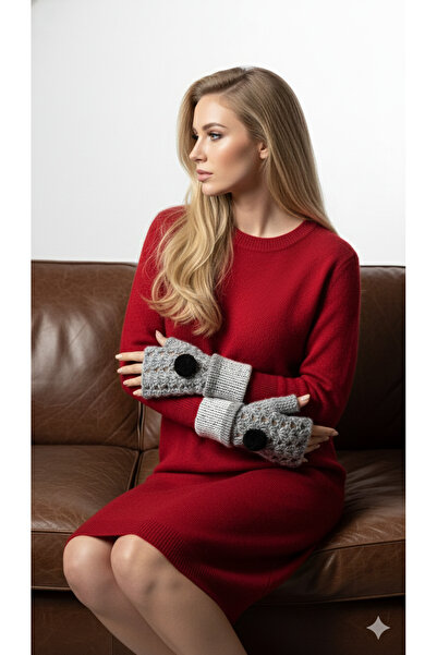 drt tasarım Gri Angora Eldive Ponpon Süslü