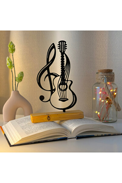 OEM Decoratiune "Chitara & Cheia Sol" cu baza din lemn natural, 20.5 cm, negr...