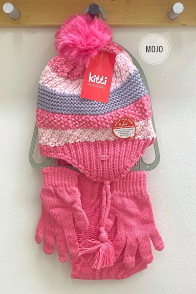 Kitti Set de mănuși și eșarfe cu dungi colorate pentru fete K22170-08 fucsia