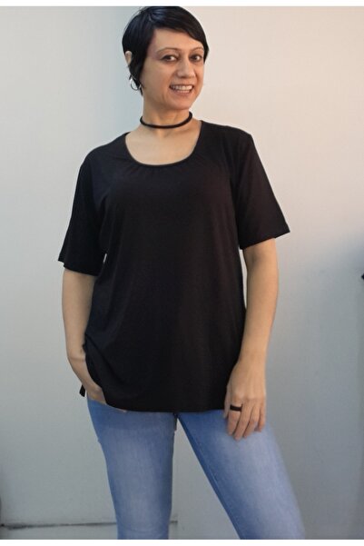 Mertcan Butik Gathered Front Round Neck Short Sleeve Black Combed Cotton T-Shirt