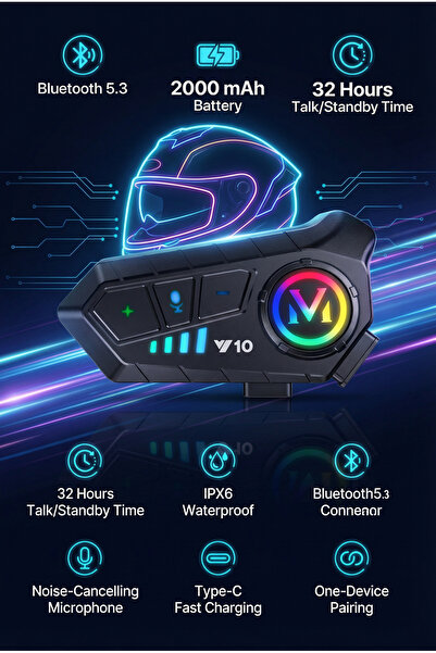 MO DOU Akıllı Motosiklet Kask Intercom | HD Ses, Bluetooth 5.3, Akıllı Gürültü Engelleme, Su Geçirmez IPX6