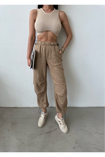 HerTon Παντελόνι Jogger Beige Cargo με τσέπες στη μέση με κορδόνι περίσφιξης