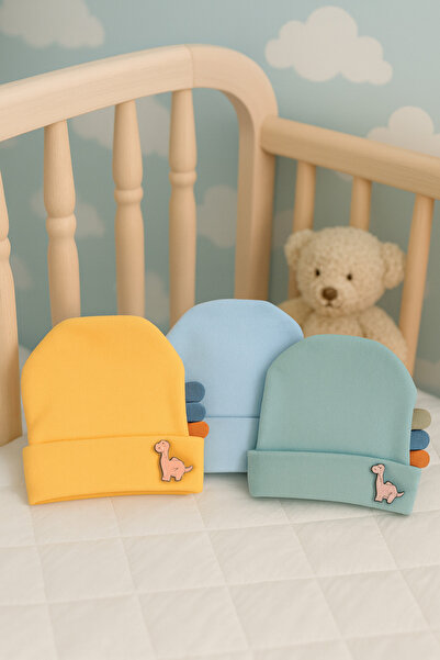 Huglette Erkek Bebek Dinozor Temalı 3 'lü Pamuklu Bere Şapka