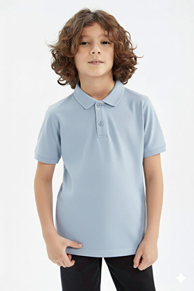 ZACHARIUZ Унисекс детска поло блуза с висока яка School Basic в цвят ледено с...