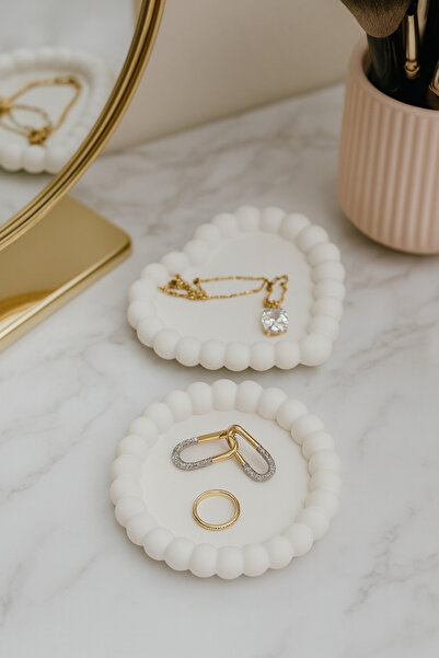 Homesinti Stone Powder Handmade Heart-Shaped and Round Decorative Plate Jewelry Organizer Set of Two