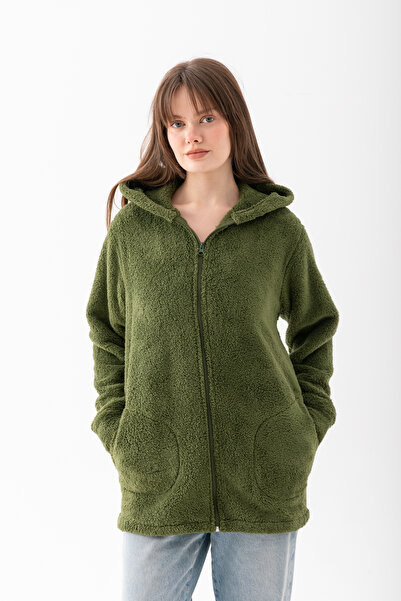 EtkiModa Jachetă de pluș pentru femei kaki cu glugă