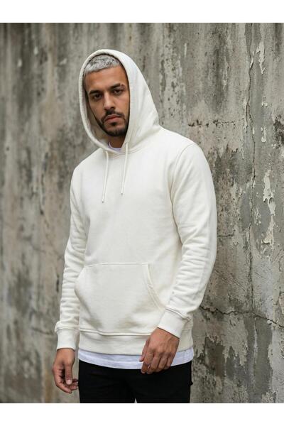 CLAW UP WORK Standart Kalıp Pamuklu Yumuşak Dokulu Basic Kapüşonlu Kanguru Cepli Ekru Beyaz Sweatshirt