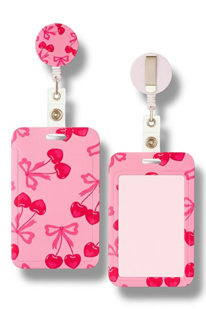 RoyalVance Yaka Kartı Yoyolu Kartlık Koruyucu Çekmeli Kart Tutucu Kartlık Pembe Fiyonklu Anahtarlık