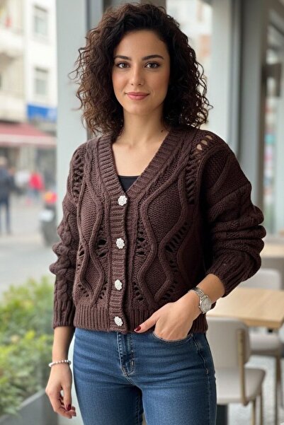 Suziş Stone Button Detail Brown Knitted Kirka Key36629