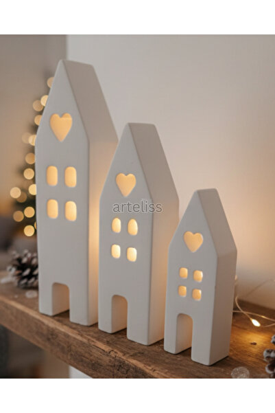 Arteliss Nordic Minimal Beyaz Işık Evleri Seti 3'lü - Kalp Detaylı Fener Mumluk Dekoratif Obje