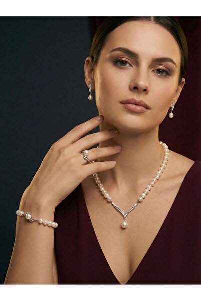 Birinci1926 925 Ayar Gümüş El İşçiliği Doğal İnci Kadın Takı Seti (Kolye + Küpe + Bileklik + Yüzük)