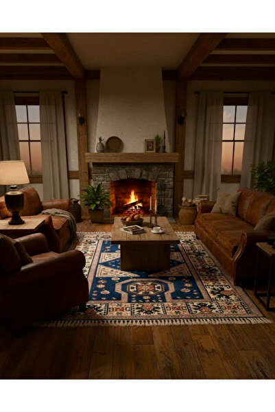 Anatolia Looms El Dokuma İzmir Yörük Halısı – Lacivert Zeminli, Geometrik Des...