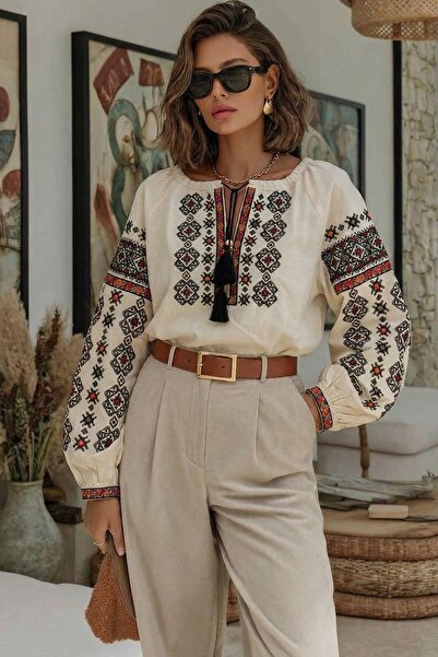 FEMELLE Women's Beige Collar Tassel Balloon Sleeve Embroidered Cotton Blouse