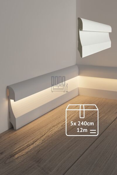 Evime Decor Ledli Süpürgelik, 11cm 5 Adet 12m Beyaz Polimer Boyanabilir, Suya...