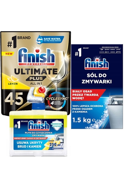 Finish Set Ultimate Plus, 45 capsule cu lamaie, Detergent Lichid 250 ml, Sare 1.5 kg