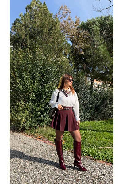 Butik Yuvia Bordo Pileli Kemerli Şortlu Etek
