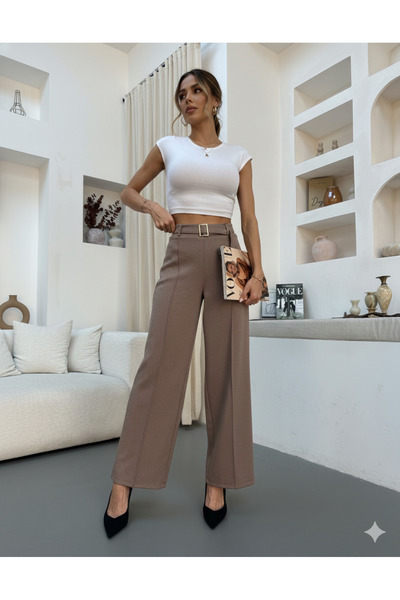BUSEM Kadın Kemerli Likralı Yüksek Bel Camel Palazzo geniş paça kumaş Pantolon | Ofis Kombini Yeni Sezon