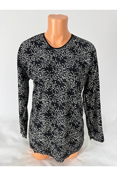 YAŞAR TRİKO Kadın Siyah Pembe Desenli U Yaka Uzun Kollu Yanları Yırtmaçlı Vis...