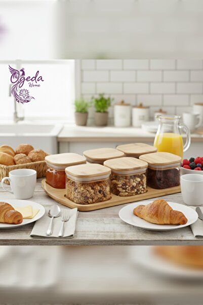 MİEN 6’lı Kare Cam Saklama Kabı Seti – Bambu Kapaklı 240 ml Kavanoz – Kahvaltılık & Çerezlik Seti