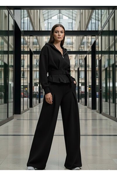 Zafirae طقم مودال واسع الساق بتفاصيل حزام خصر مميز