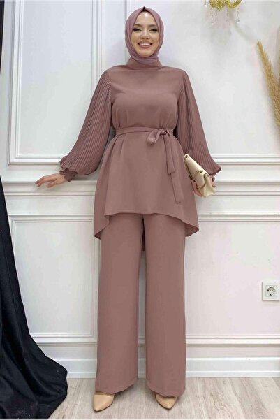 TRENDTESETTÜR KADIN PEMBE (GÜLKURUSU) KOLU PİLİSELİ GENİŞ PAÇA PANTOLONLU TAK...