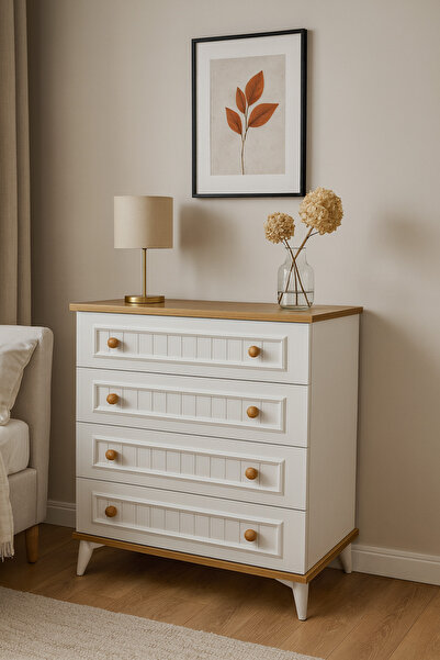 Genel Markalar Yeniçeri 4 Çekmeceli Şifonyer Beyaz Sepet Ceviz