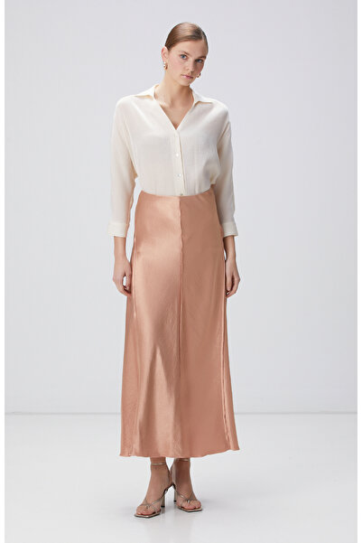 Network Kayısı Limited Dikiş Detaylı Maxi Saten Etek