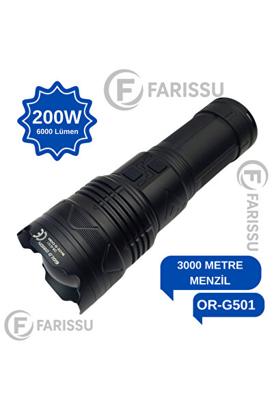 farissu OR-G501 Geceyi Gündüze Çeviren 3 KM Menzilli Dev El Fener (Powerbank Özellikli Yedek Pilli Full Set)
