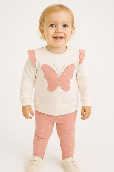 dinamik çocuk Kız Bebek Takım Kelebek Puantiye Desenli Kol Detaylı Aylık Mevs...