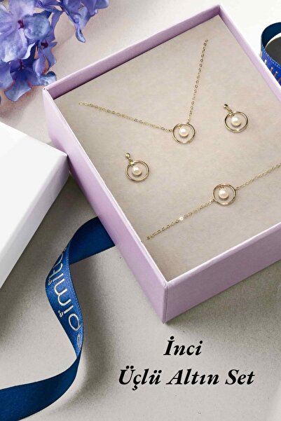 Hepimitu Altın Gerçek inci Set - 3'lü