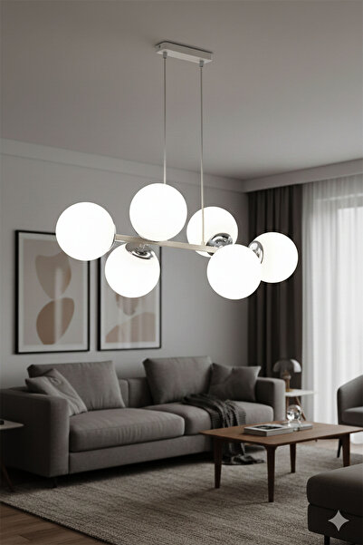 avimonaydınlatma CROSS 6'LI BEYAZ GLOB CAMLI KROM-BEYAZ SARKIT AVİZE OTURMA ODASI SALON MUTFAK