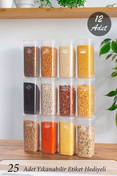 Porsima Org-432 Etiketli 12li Jumbo Boy - Bakliyat Saklama Kabı - Erzak Saklama Kabı Seti Şeffaf 1700 ml