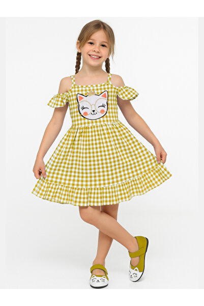 Casabony Жълта карирана рокля с волани за момиче