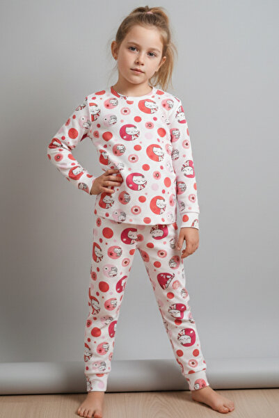 Zekalya طقم بيجامة بناتي بتصميم قطط لطيف - قماش قطني متشابك