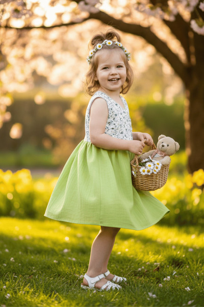 Bertuğ Bebek فستان بناتي أخضر اللون مزين بالدانتيل بدون أكمام وصدر مزدوج