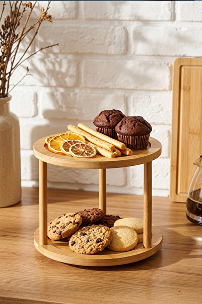 Digithome Bambu 2 Katlı 360° Döner Standlı Servis ve Sunum Tepsisi Kahverengi – A/10 C1-1-289