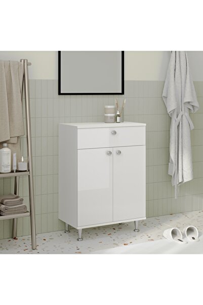 haaus.ro Dulap de baie Zaria, 1 sertar, 2 uși, alb lucios/alb, MDF, L 60 x l ...