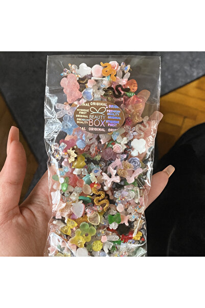 Beauty Box 1 Avuç Mutluluk Sweet Girl Mix Tırnak Süsleri Kurdele Kalp Gül Ayı...