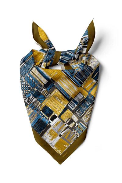 Modabutik Z77 Kadın Egzotik Desenli Bandana 50x50 Sarı Mavi Gri DG0488-22